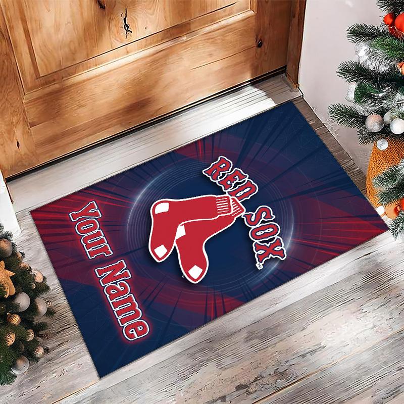 Boston Red Sox Crystal Velvet Rug, Custom Name Text Personalized Non‑Slip Floor Mat for Home Decor Gift