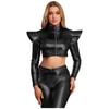S-3XL Women Iridescent Metallic Crop Jacket Long Sleeve Structured Shoulder Boards Stand Collar Front Zipper for Club Raves Party
