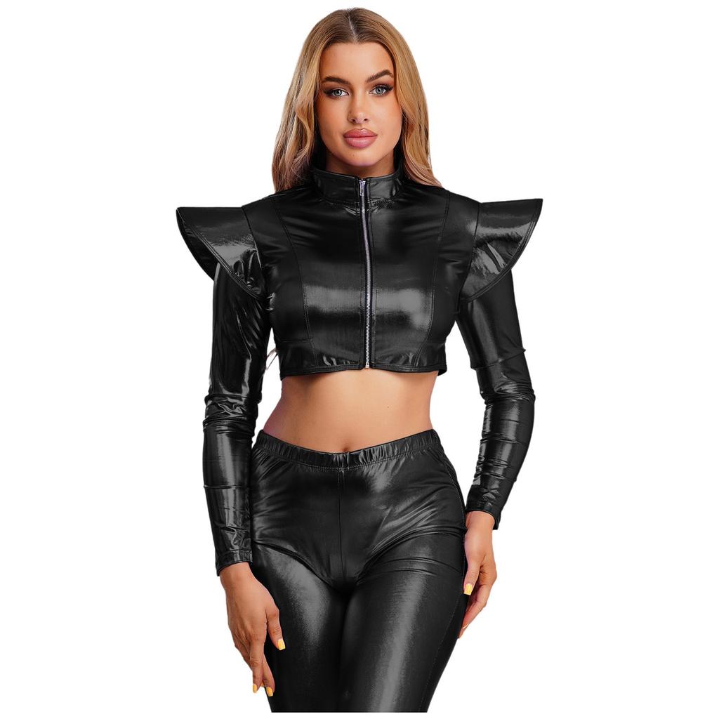 S-3XL Women Iridescent Metallic Crop Jacket Long Sleeve Structured Shoulder Boards Stand Collar Front Zipper for Club Raves Party