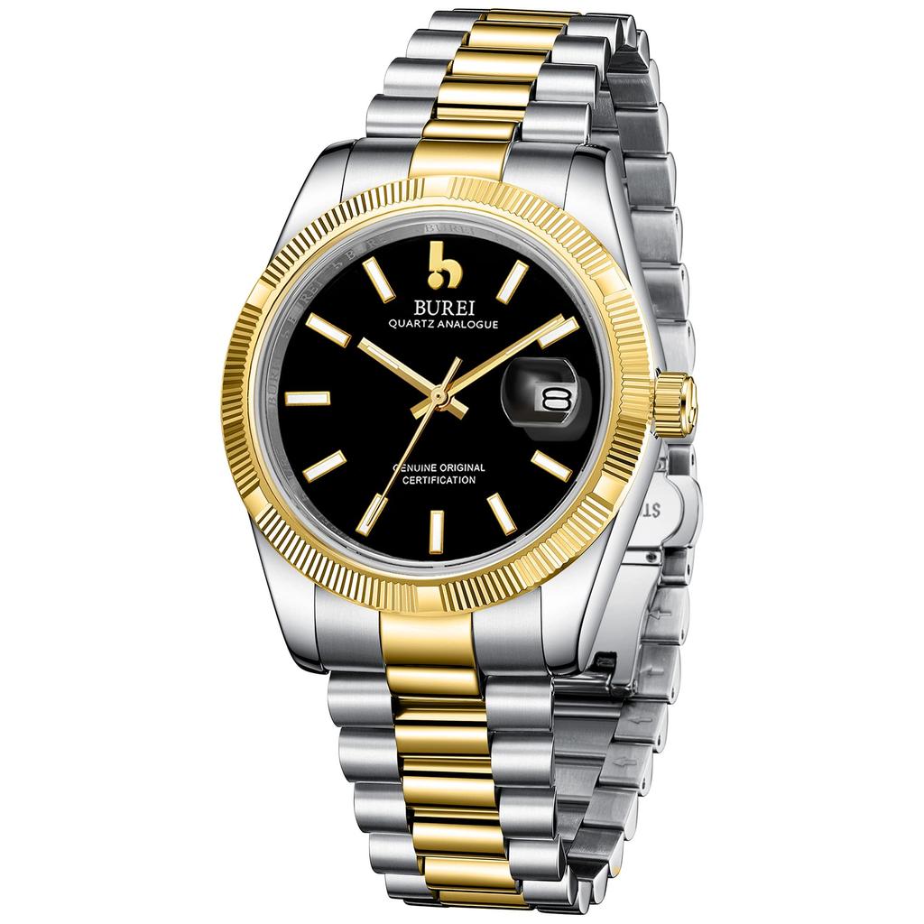 BUREI Waterproof Quartz Analog Simple and Popular for Business and Gold and Black Luminous Perfect as a Birthday Gift Men's Watch, Fashion, Finish,