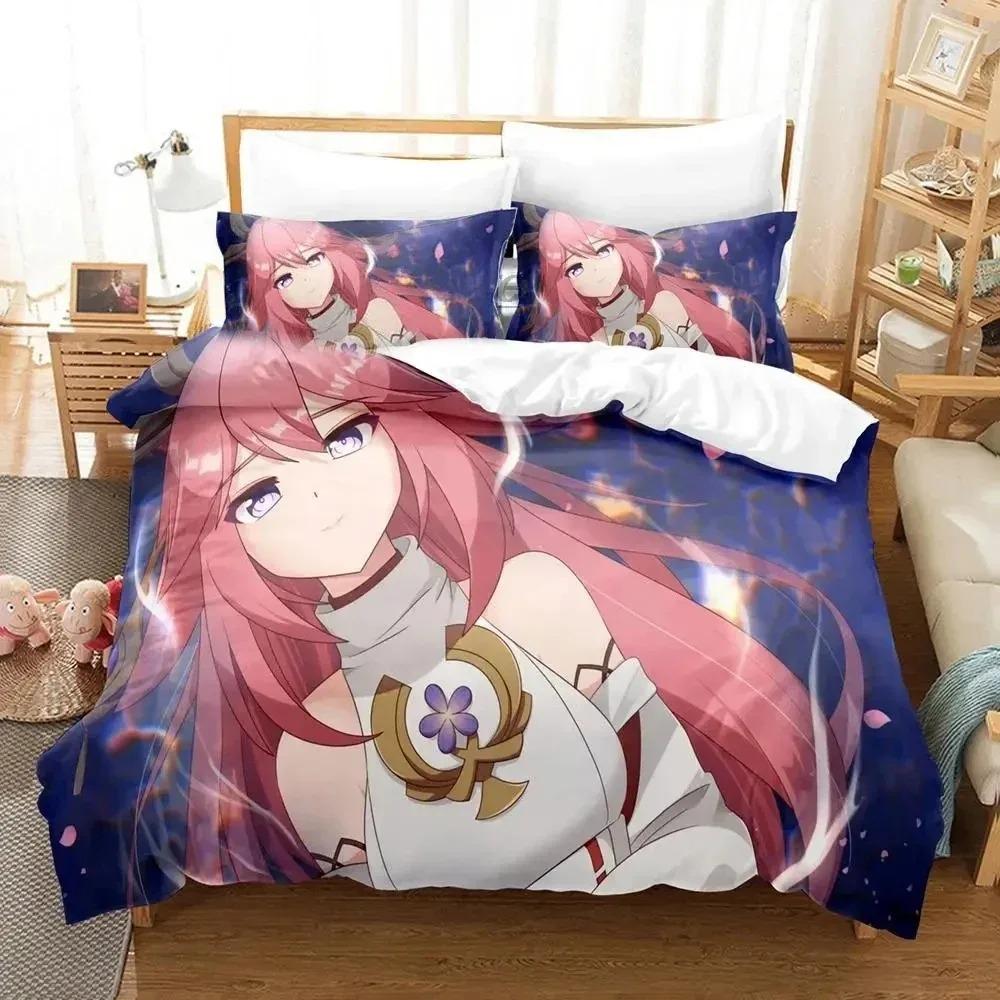 Comforter Anime Genshin Impact Yae Miko Game Bedding Set Bedroom Soft Modern S Comefortable