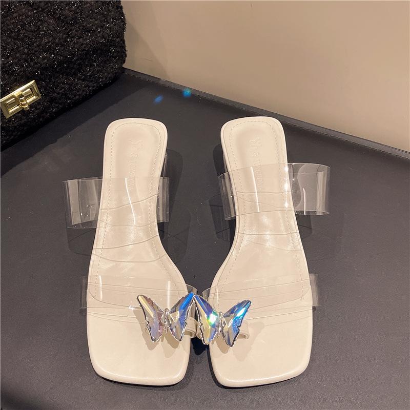 High heels transparent cool slippers women's summer 2025 new fashion thick heel bow set toe crystal slippers outer wear