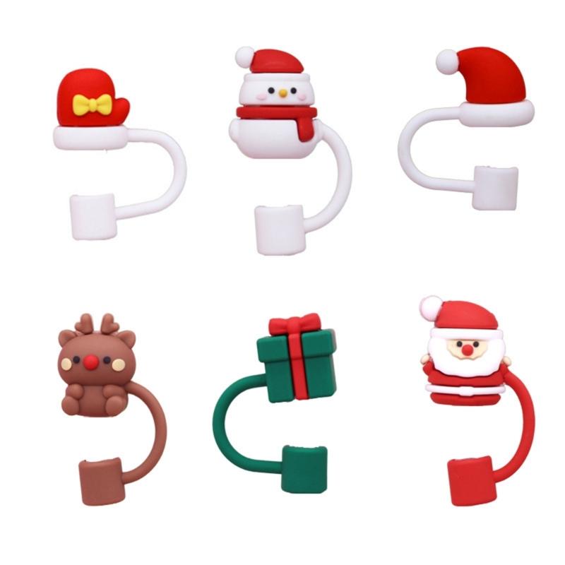 

6pc Cartoon Christmas Silicone Straw Covers Cap Drinking Straw Tip Lids Reusable 1