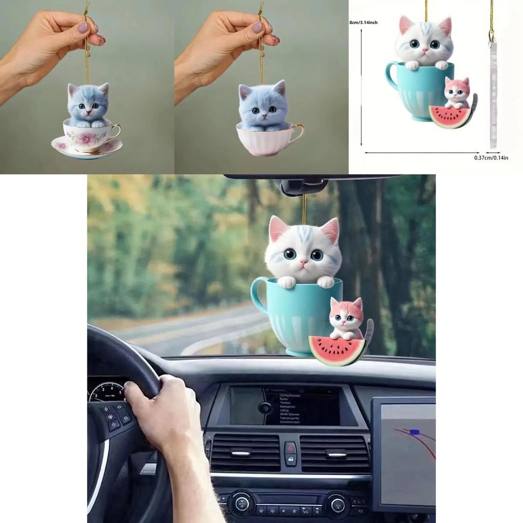 Adorable Acrylic Cat Hanging Pendant For Car Interior Decoration In Three Colors
