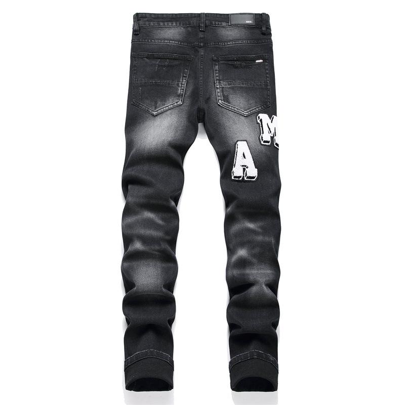 New Style Street Fashion Trendy Black Distressed Patch Embroidery Loose Elastic Mens Jeans 3529