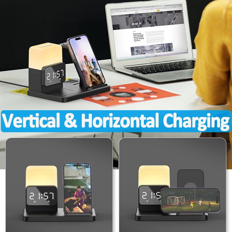 Faltbare 6-in-1-Wireless-Ladestation, Weckerlampe, Schnelllade-Dockingstation für iPhone 14 13 12 X Pro Max Airpods Pro iWatch