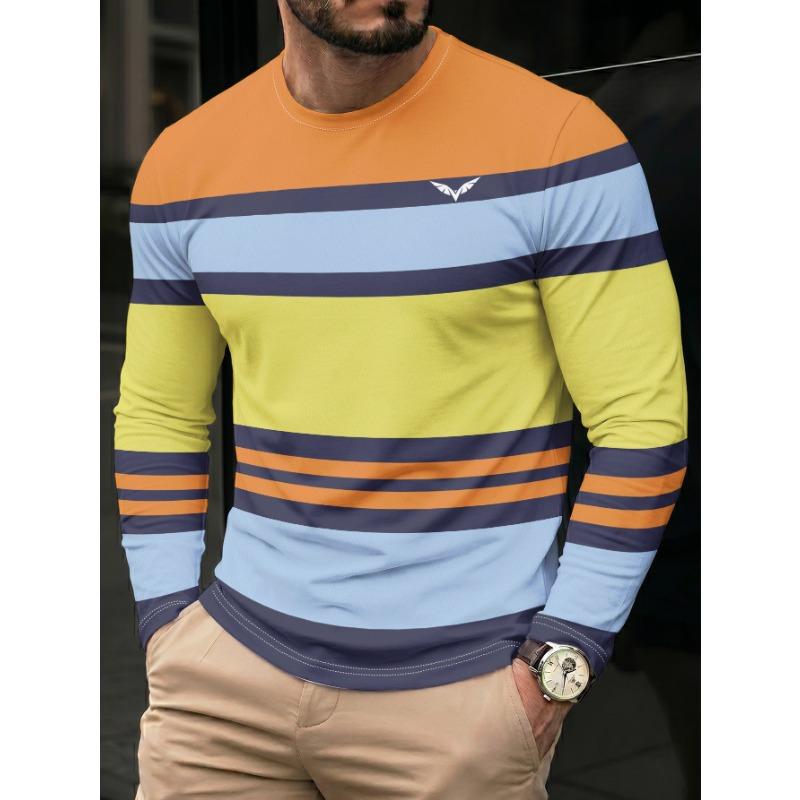 Men's Long Sleeve T-Shirt Orange Yellow Blue Stripe Polyester Casual
