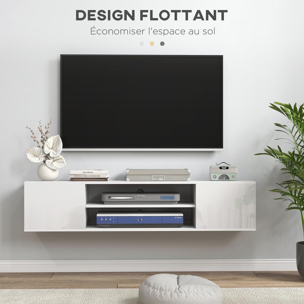 Floating TV Stand Cabinet for TVs Up To 60", Wall Mounted TV Unit with Open Shelf, Storage Cupboards and Cable Management for Living Room, White
