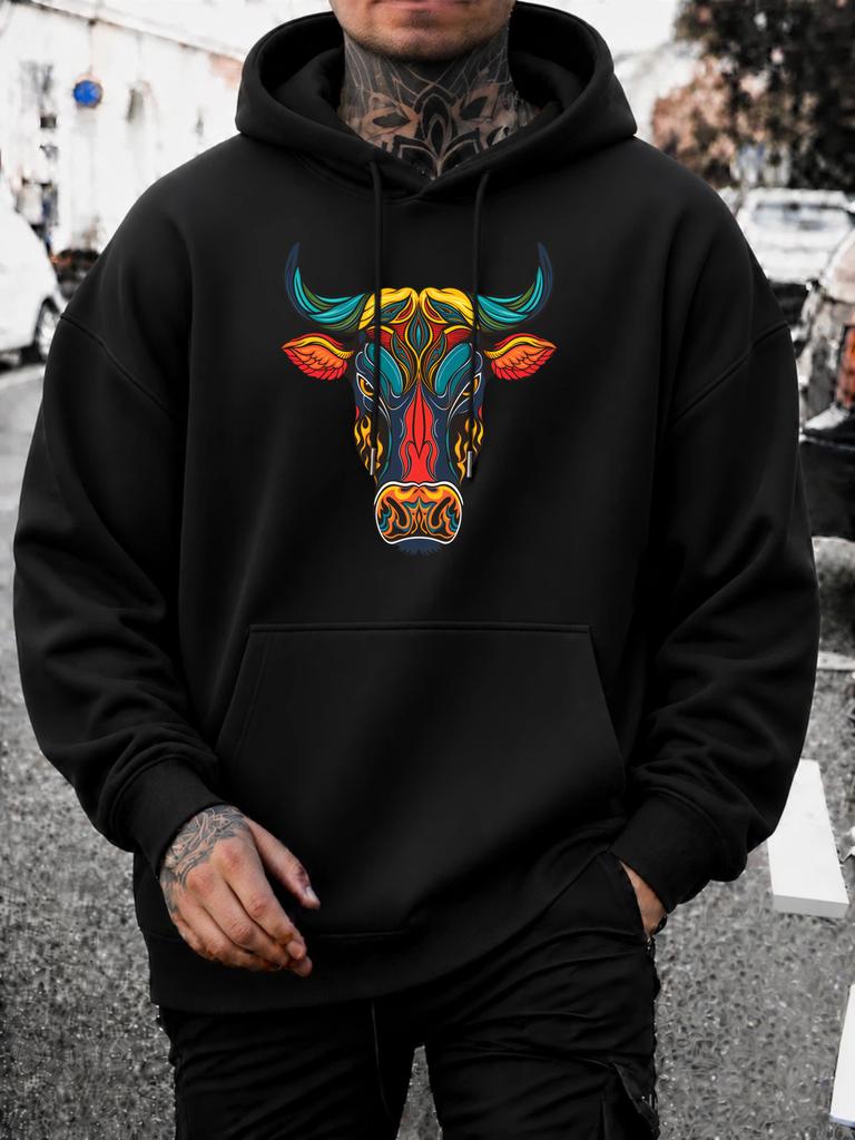 unisex Hoodie, Festival Event, Colorful Bull Head Graphic, Pullover Hoodie, Streetwear Style, Autumn Winter Season, Front Pocket And Drawstring Detail