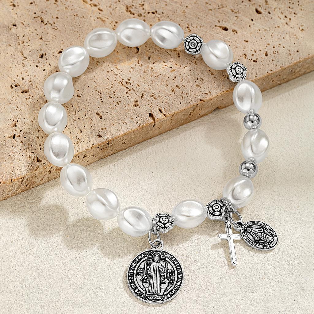1 ethnic style cross pendant, Jesus pendant, imitation pearl, men's and women's tassel bracelet