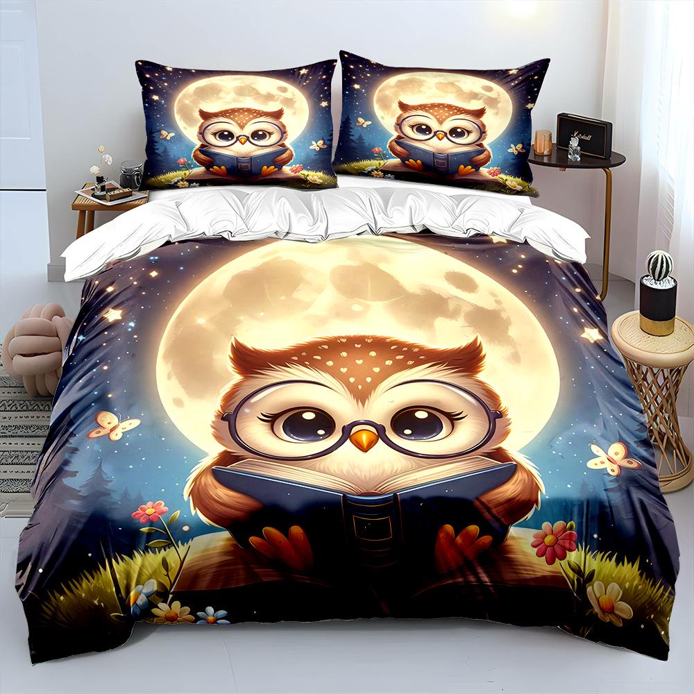 Owl Reading Under Full Moon Bedding Set For Kids Luxury Gift 3Pcs Digital Print Comforter Set Soft Comfortable Breathable