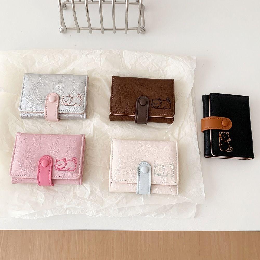 Cute Short Leather Purse PU Leather Three Fold Wallet Versatile Cat Printed Wallet  Girls