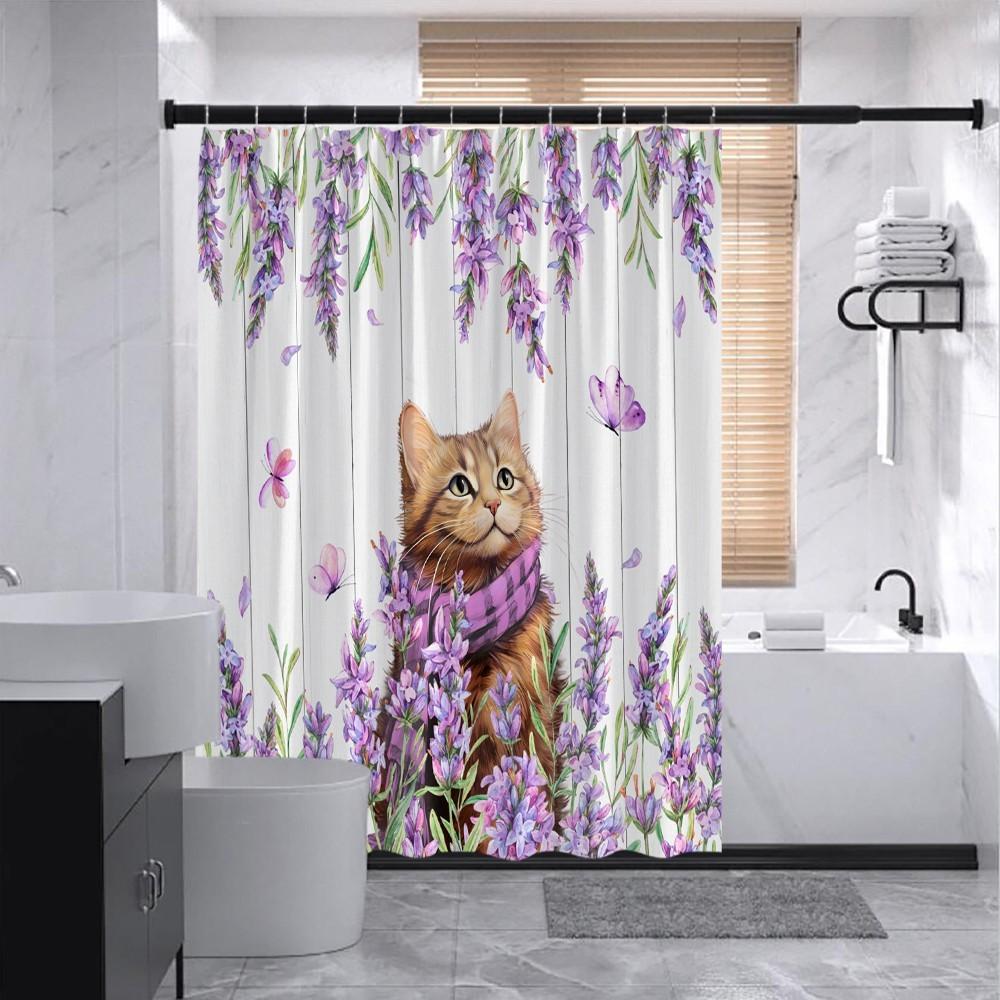 Lavender Cat Shower Curtain Purple Flowers Butterflies Cute Kitten Garden Art Elegant Bathroom Decor Waterproof Quick Setup