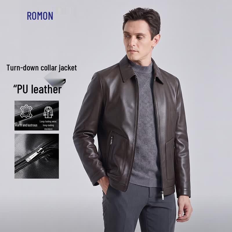 ROMON Men s Textured PU Leather Turn-Down Collar Jacket M коричневый