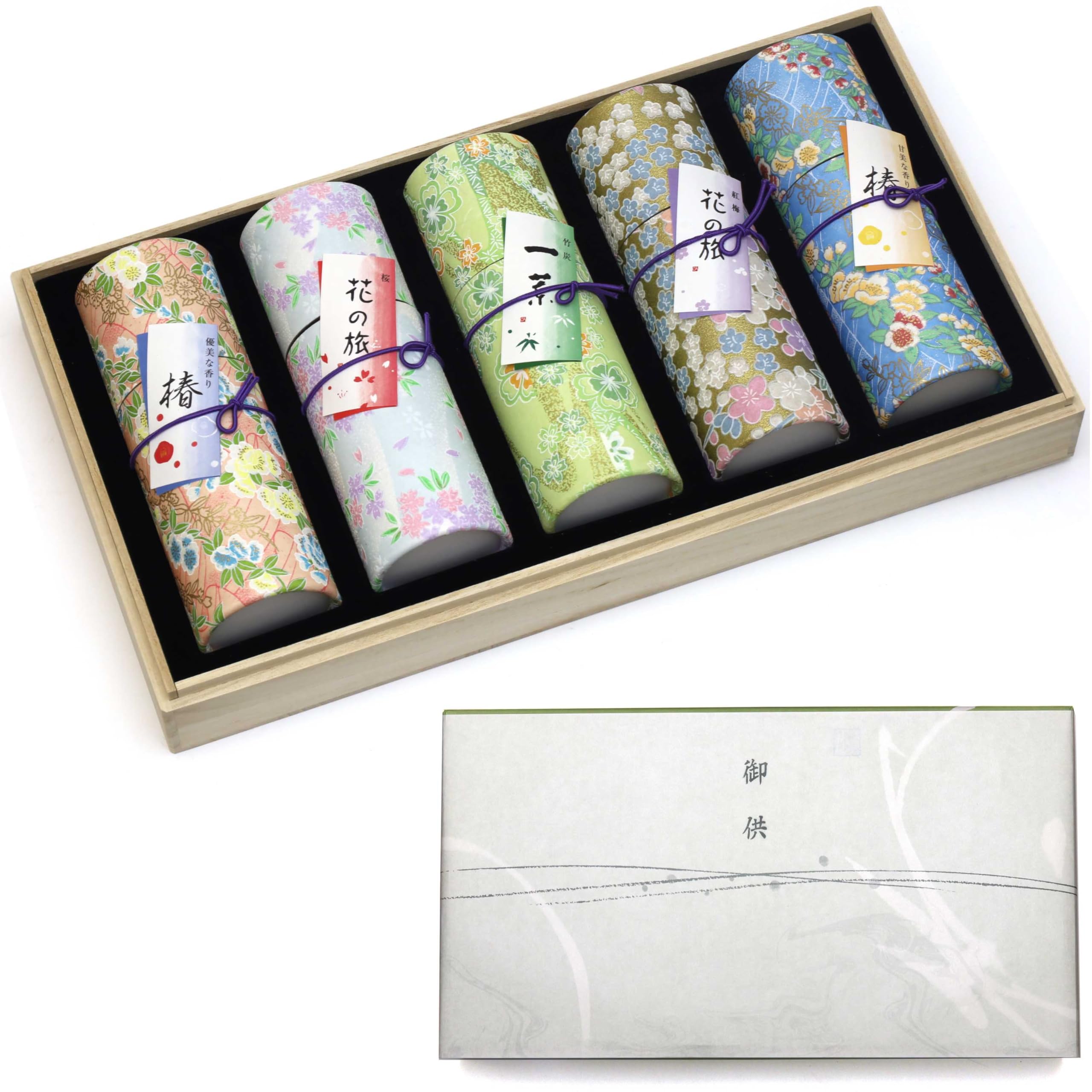 

Sympathy Incense Gift Set in Paulownia Wood Box [Hanakurabe 5 Varieties, Sandalwood, with Outer Wrapping] Made in Japan, Low Smoke, Perfect for