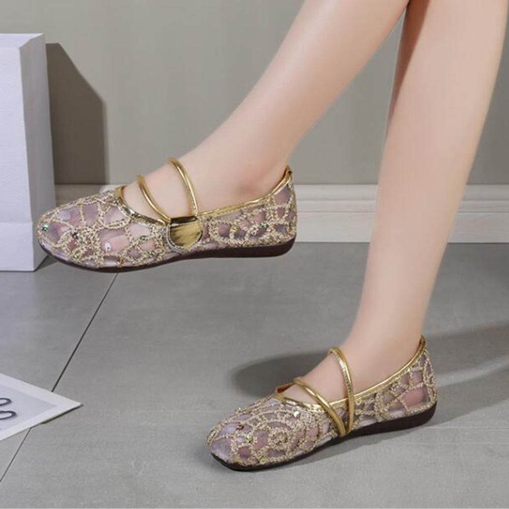 Women Flat Shoes Golden Bling Breathable Casual Shoes for Women Mary Janes Walk Drive Shoes