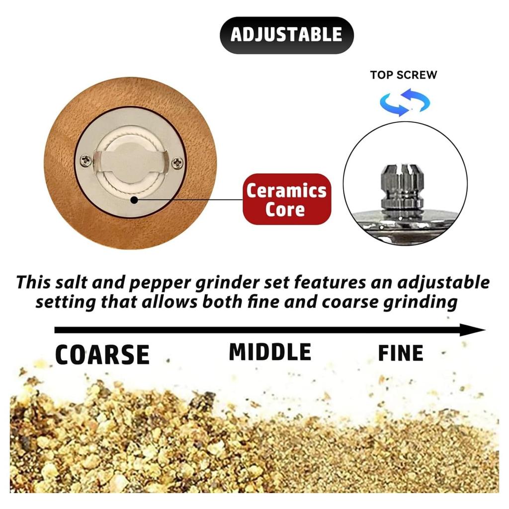 Wood Salt Pepper Salt Grinder Pepper Grinder with Manual Seasoning Grinder Refillable Grinder, & Set, Handle, (5inch-2Pcs)