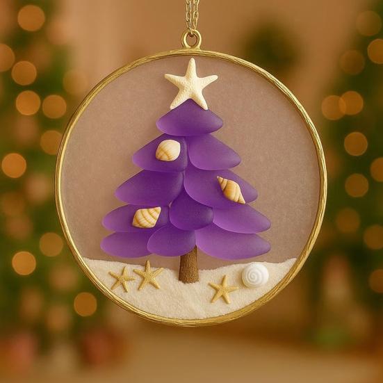 2/4Pcs Christmas Tree Ornament Round Shape Handmade Beach Decoration with Starfish Shell Decor Car Hanging Decoration