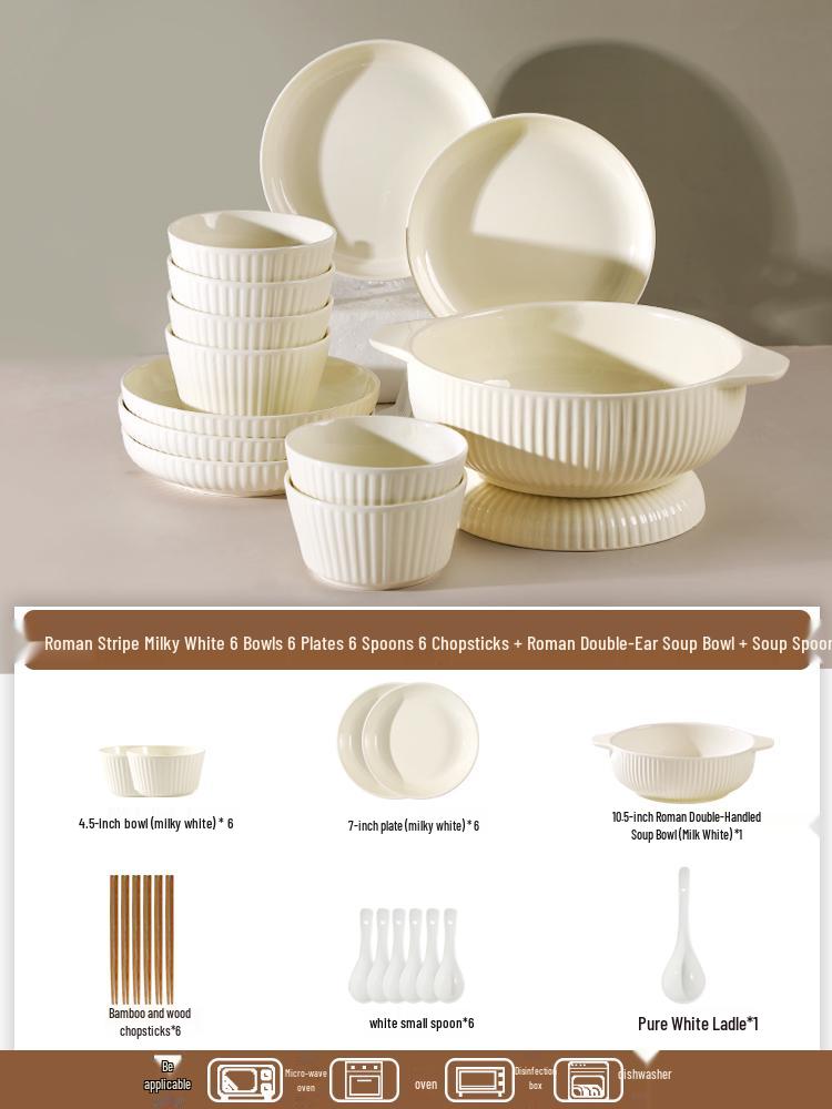Japanese-Style Milk White Dishware Set: Creative Double-Handle Soup Bowl, Rice Bowl, Plate, and Vegetable Plate.