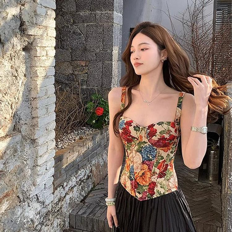 French Jacquard Fishbone Corset Tank Top - Women's Floral Waist Cincher 25801