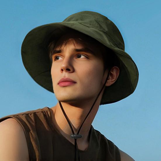 Women Hat Fisherman Style Solid Color Basin Hat with Reflective Stripe Lace-Up Dome Design Bucket Hat