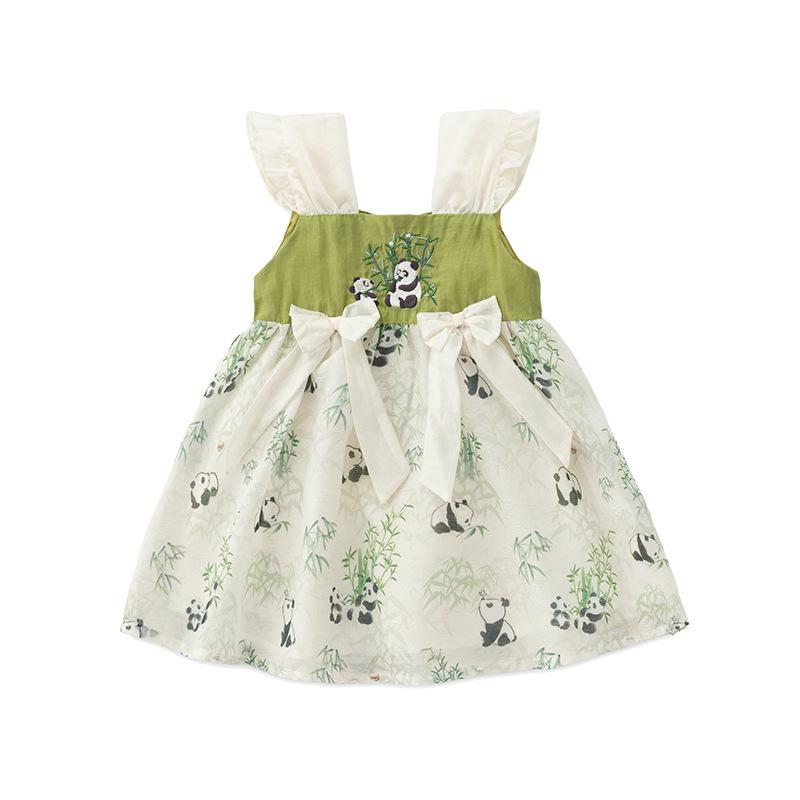 2025 Summer Baby Girls' Chinese Style Puff Sleeve Sling Dress with Frog Buttons - Princess Design for One-Year-Old