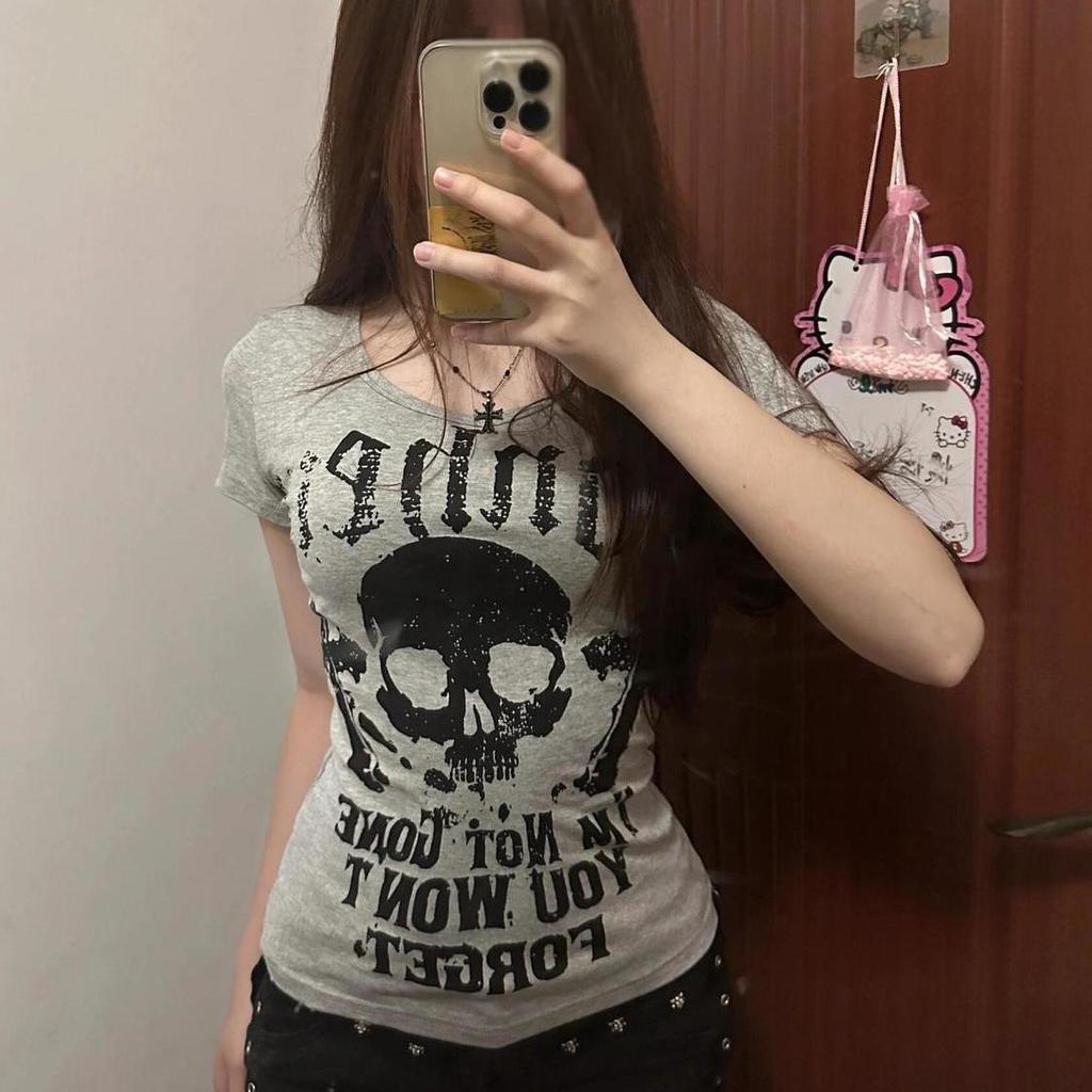 TrendHub Vintage Woman T Shirts Slim Waist Punk Tees Ropa Mujer Short Sleeve Fashion Camisetas Skull Print Casual Y2k Tshirt Tops