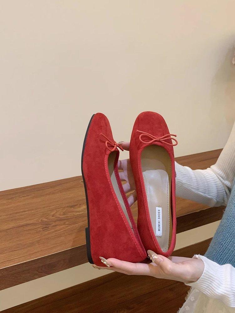 inner height increase suede light mouth red single shoes women's spring new thick-soled one-pedal ladyshoes with skirts Doudou shoes