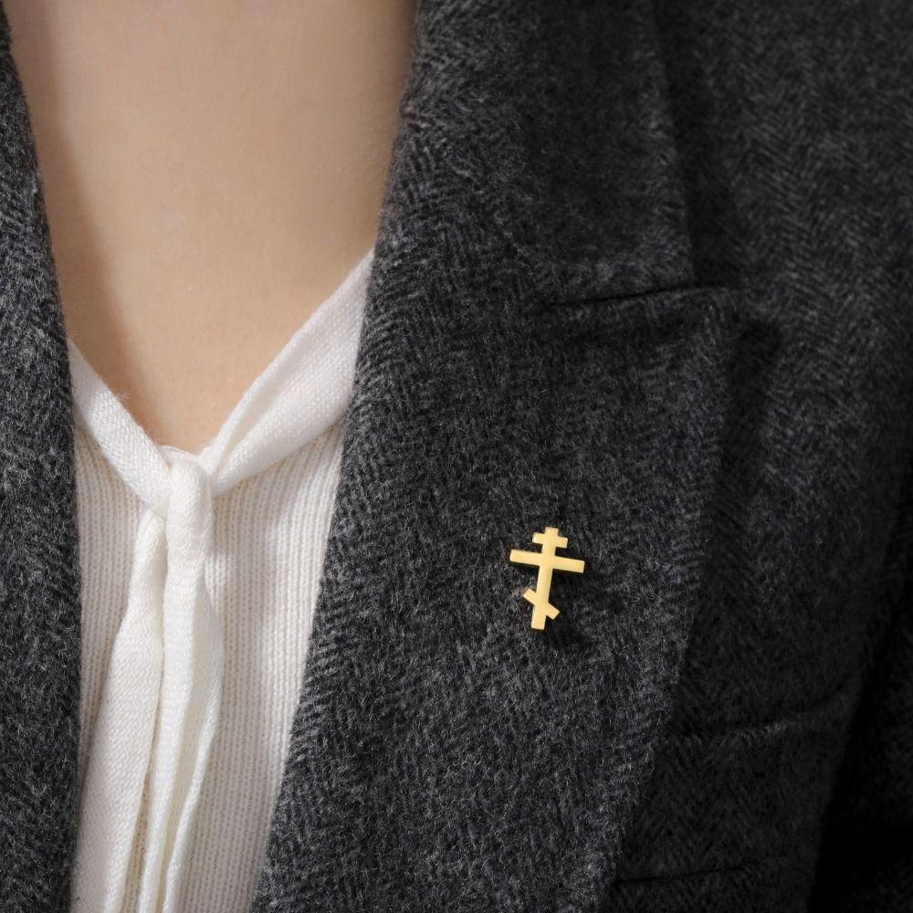 Spilla a forma di Croce Ortodossa in Acciaio Inossidabile Colore Oro Design Minimalista Gioielli Cristiani Stile Classico Spilla della Fede Gioielli di Moda