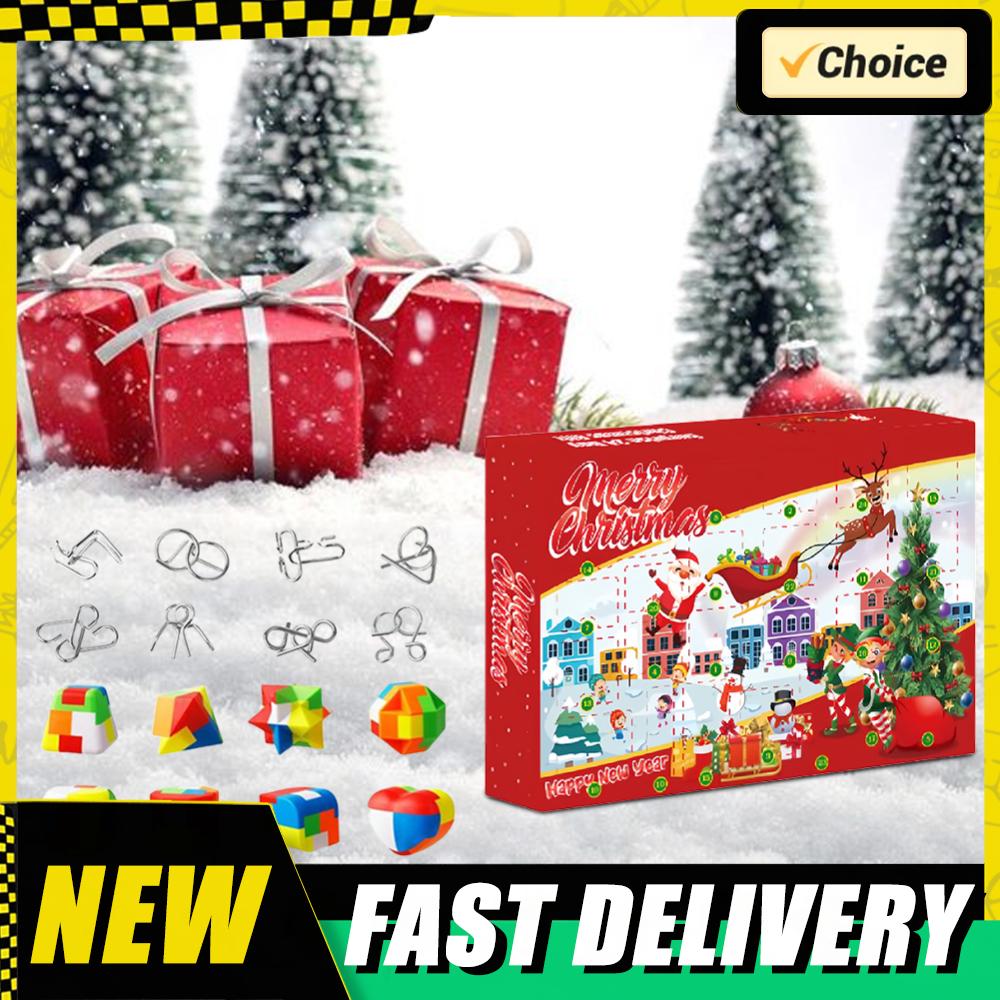 Christmas Countdown Calendar 24 Pcs Metal & Plastic and Wooden Puzzle Fun Challenge Christmas Advent Calendar for Adults Kids