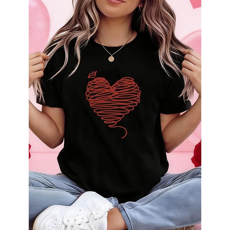 Plus Size, Plus Size Oversized T-Shirt - Plus Size Short Sleeve Round Neck Black Top with Heart Line & Love Line Minimalist Art Print, S чёрный