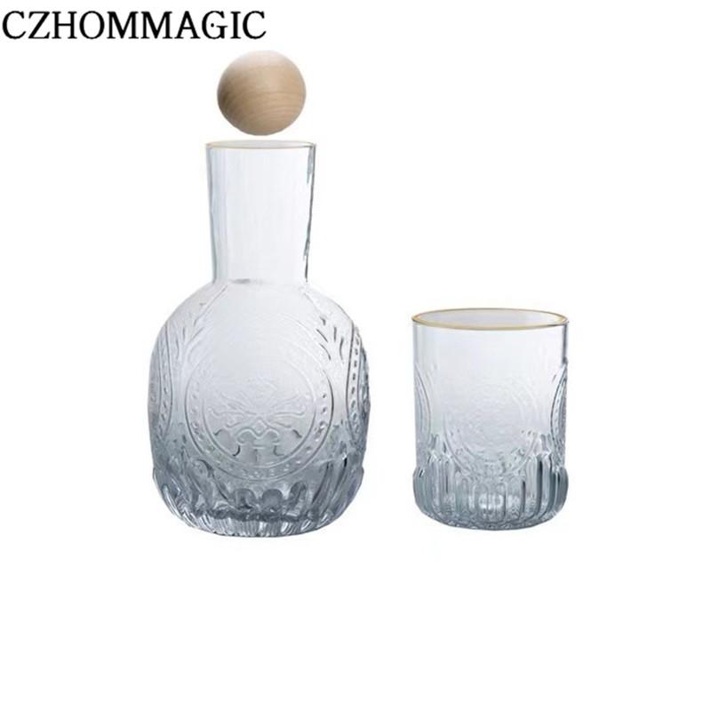 880ml Bedside Water Carafe Glass Cup Drinkware Set Vintage Transparent Cold Water Cup&Bottle for Pitcher Nightstand Bedroom Gift