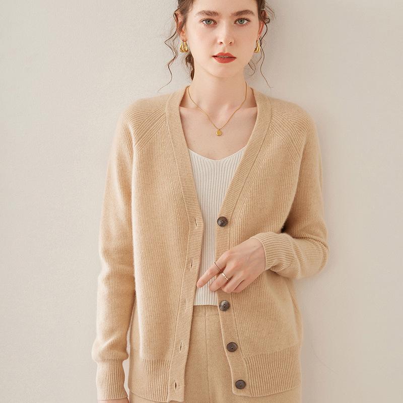 Women's Cashmere V-Neck Knit Cardigan - Warm, Loose, Slimming Sweater for Autumn & Winter