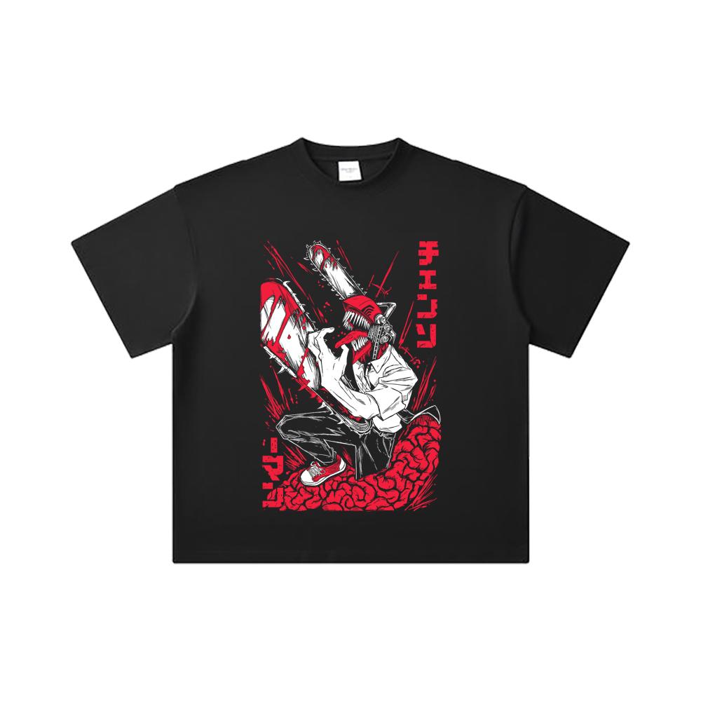 260 GSM Double Yarn 32 Count 100% Cotton Chainsaw Man V28 Denji Print Unisex Heavy Cotton T Shirt