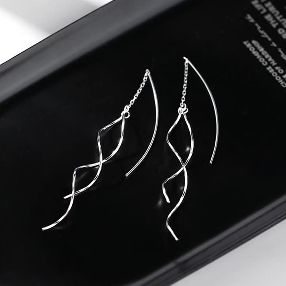 SLUYNZ 925 Sterling Silver Curve Threader Earrings Chain for Women Teens Girls Dangle Wave Earrings Tassel