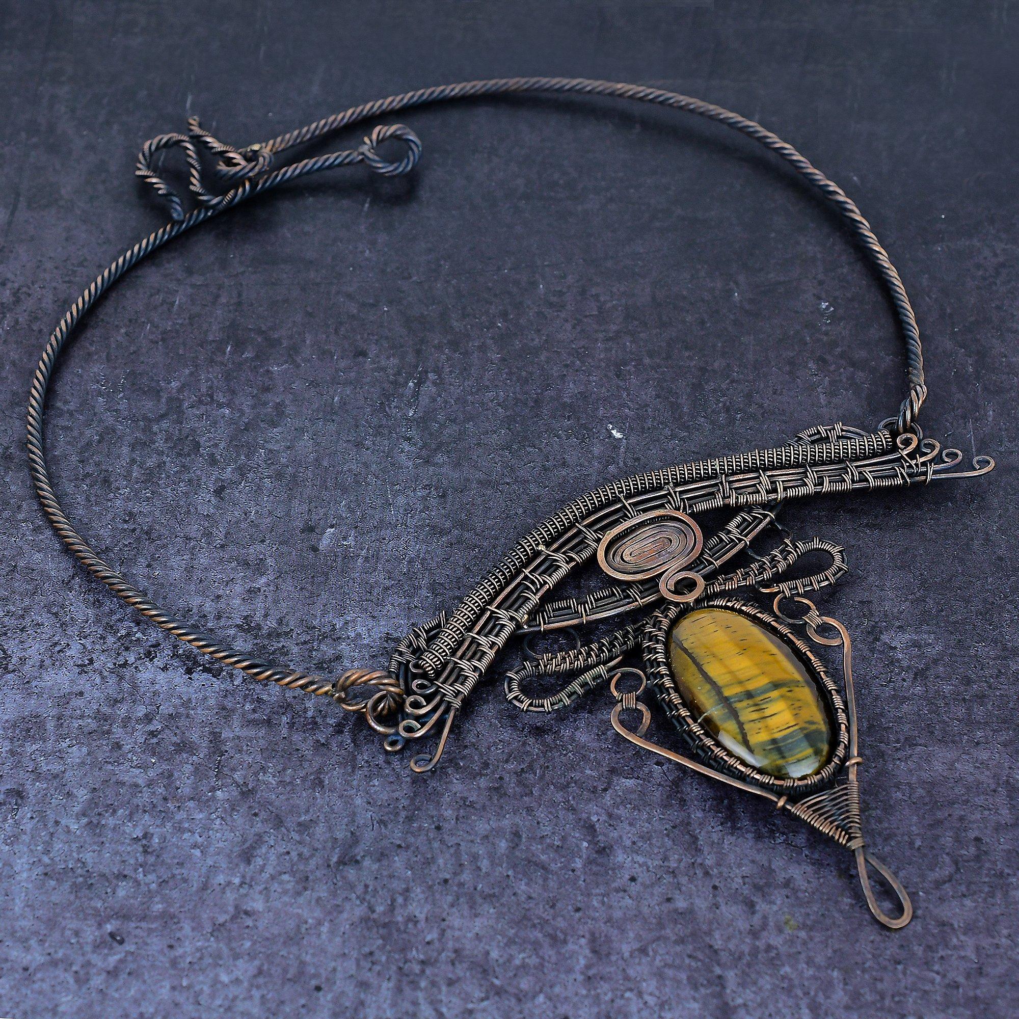 

Tiger Eye Gemstone Copper Wire Wrap Jewelry Necklace 18