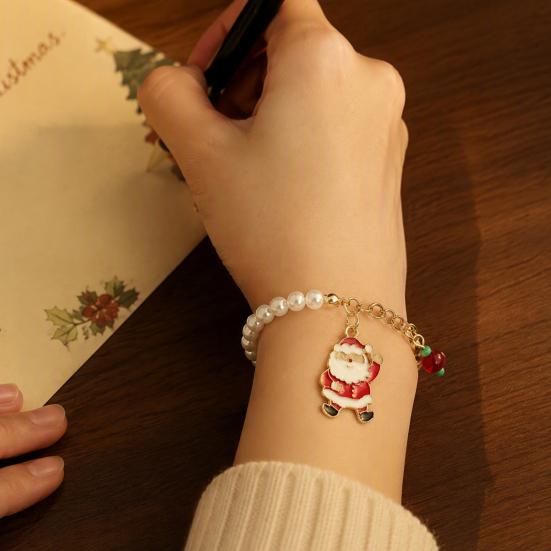 Holiday Outfit Decoration Christmas Beaded Charm Bracelet for Women, Faux Pearl Seasonal Fashion Wristband Beads Stackable Bracelet, Party