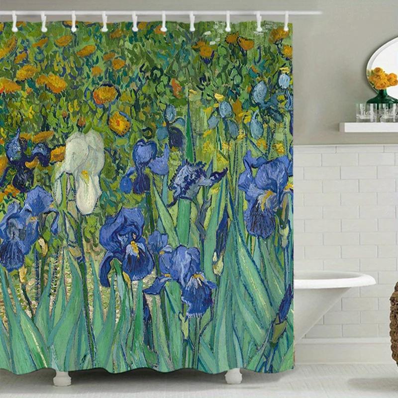 ~O~1pc Blue Irises, Abstract Art, Waterproof And Fabric, Bathroom Decor