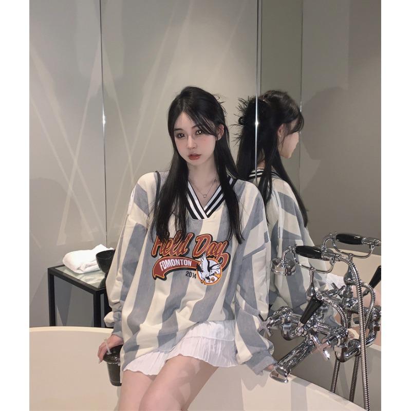 

Women s Spring 2025 V-Neck Striped Colorblock Baseball Sweatshirt - Sporty, Casual, Long-Sleeved Mid-Length Top 2XL (Recommended: 80-90 kg)