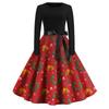 Christmas Print Flare Dress For Women Long Sleeve Dress Hollow Party Casual Dresses