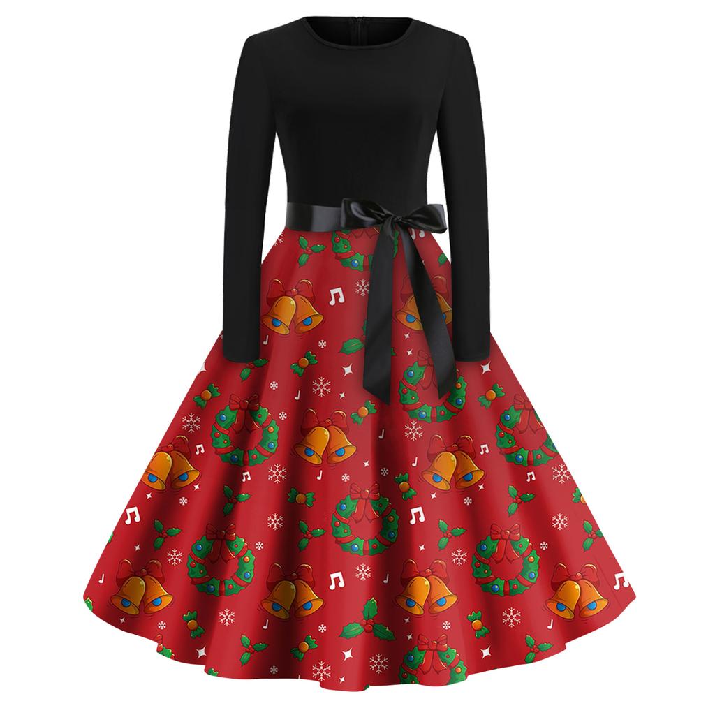 Christmas Print Flare Dress For Women Long Sleeve Dress Hollow Party Casual Dresses