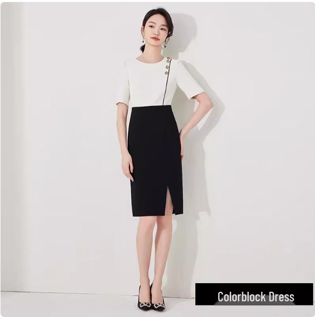 

Летнее профессиональное платье миди с цветными блоками для работы в салоне красоты и ювелирном магазине L