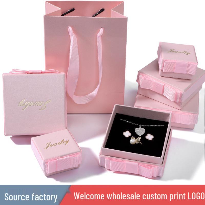 High-End Pink Jewelry Gift Box with Bow and Custom Logo Option