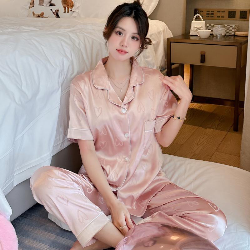 Temperament Simple Pink Love Printed Pajamas Spring And Summer Girl Home Leisure And Comfortable Suit