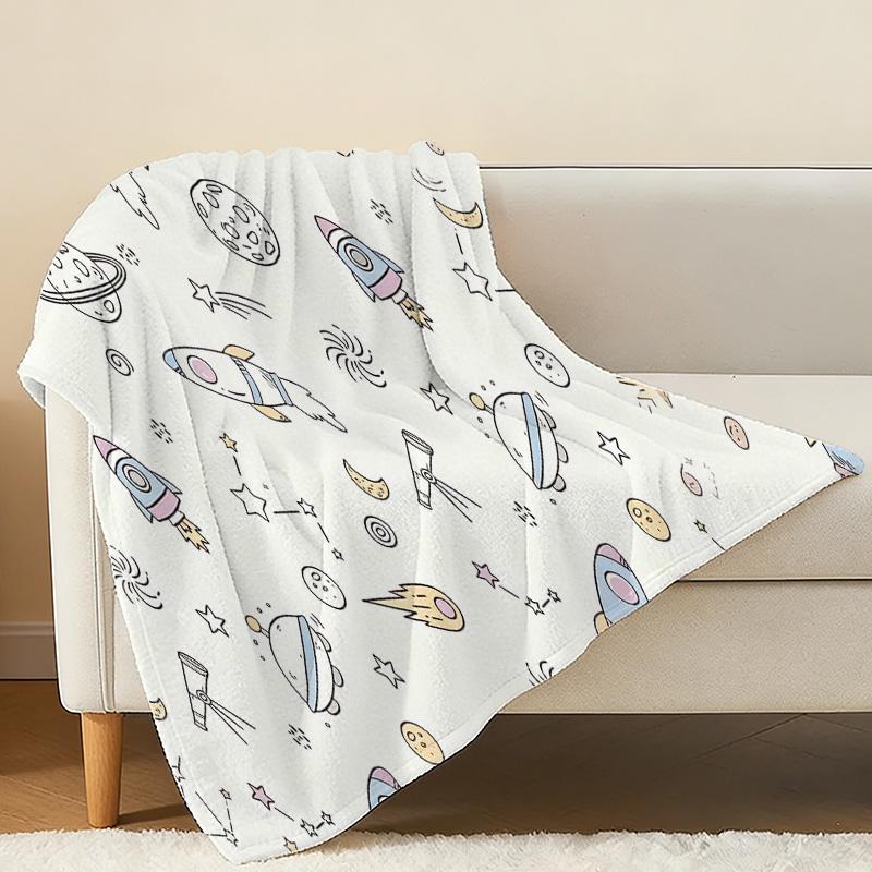 Space Theme Hemmed Flannel Blanket: Soft Warm Cozy Plush Throw for Home, Couch Nap, Halloween & Christmas