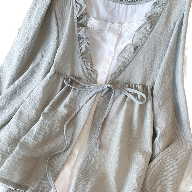 Korean Casual Sweet Fungus Lace Collar Women's Shirt Top Autumn Women Fashion Fake Two Piece Lace Up Long Sleeved Shirt