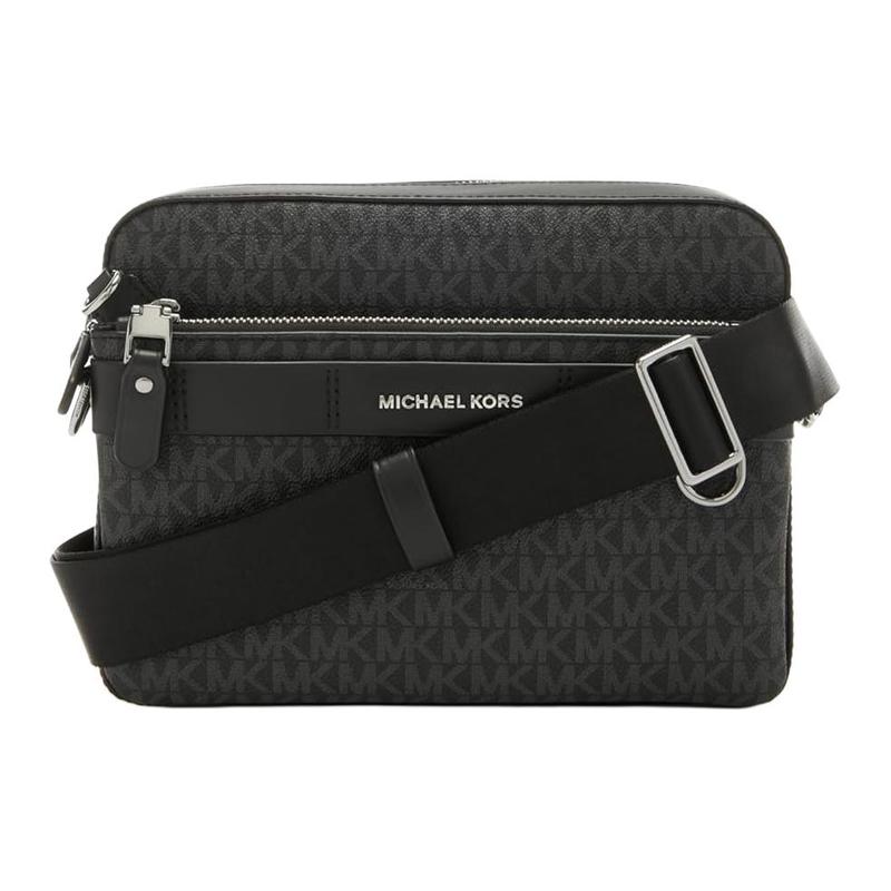 Michael Kors Hudson Solid Color Classic Presbyopic Hardware Buckle Zipper Closure Canvas Crossbody Bag Men's Black