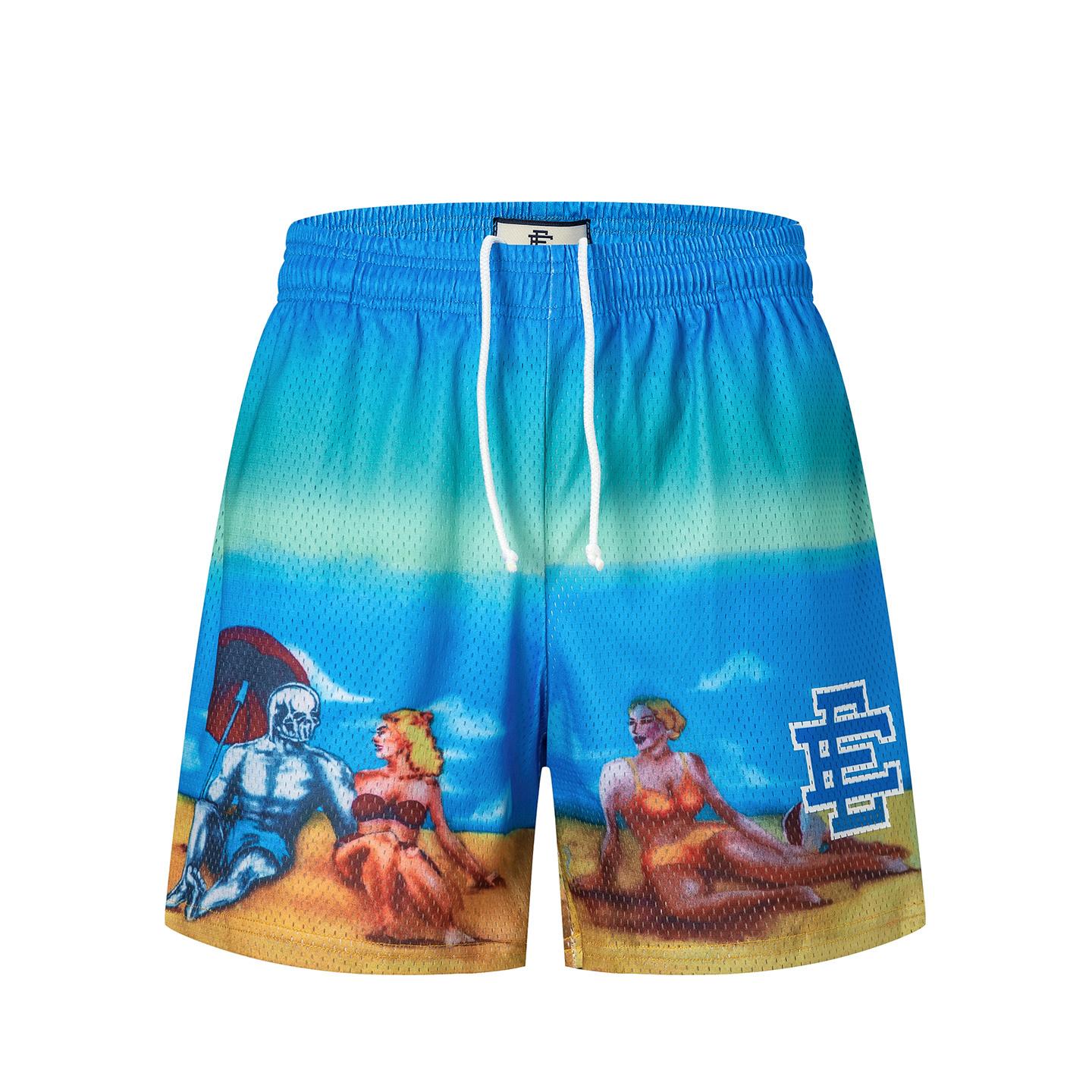 EES-08 Men s Mesh Quick Dry Beach Shorts, Summer Gradient Retro Beach Print Casual Board Swim S