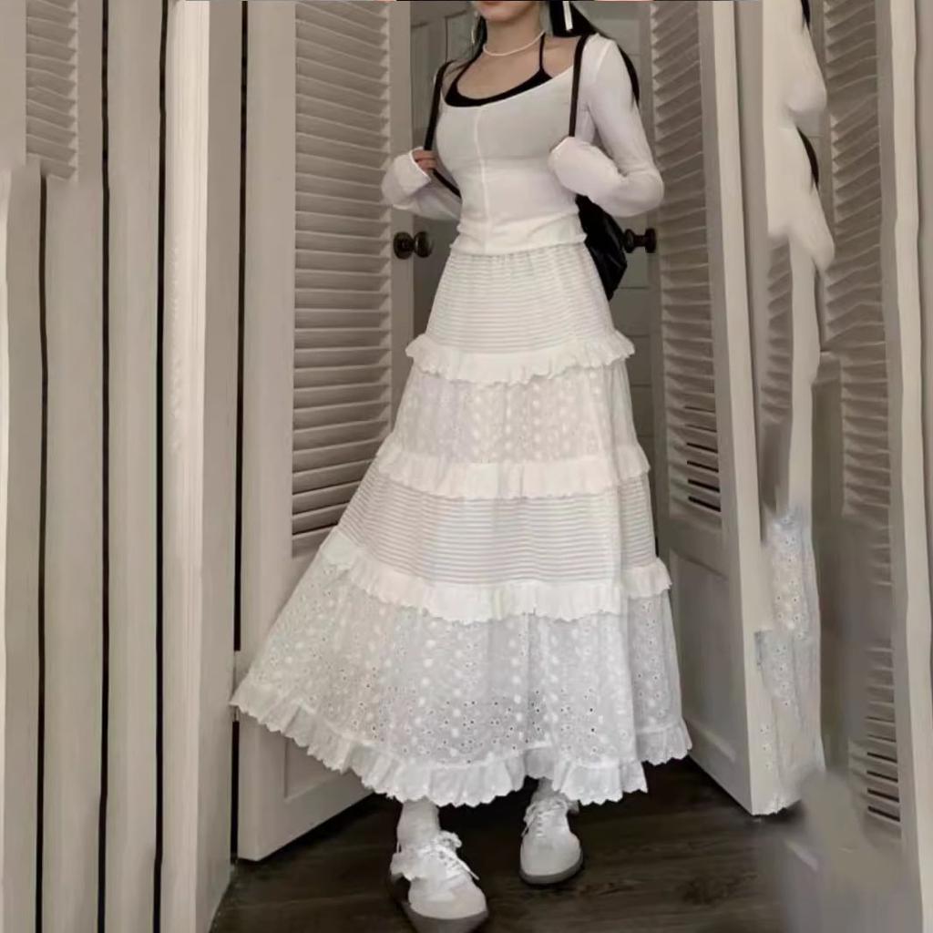 Women's Spring Soft Style Hollowed-Out Crochet Half Skirt High-Waisted A-Line Tiered Cake Skirt Long White Skirt