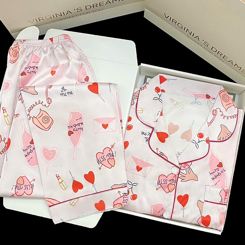 Piżama damska, satynowa piżama z długim rękawem, zestaw piżamowy, lodowy jedwab z nadrukiem kwiatowym, może być noszona na zewnątrz, piżama do noszenia w domu